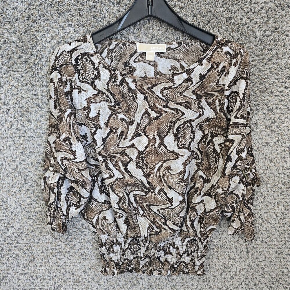 Michael Kors‎ Top Womens XS Brown Snake Print Semi Sheer Blouse Roll Tab Sleeve